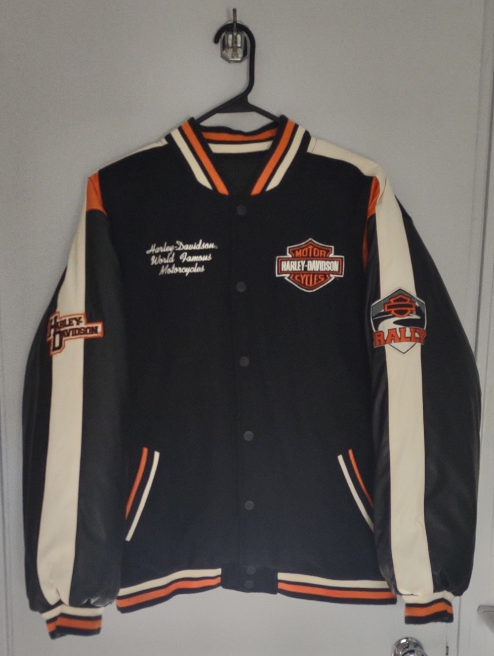 Harley-Davidson Black, Cream & Orange Letterman Bomber Jacket.  Boys Size 16-18.